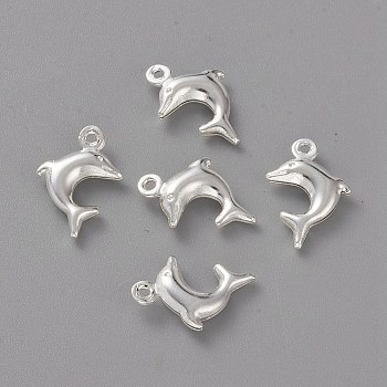 Brass Charms, Long-Lasting Plated, Dolphin, 925 Sterling Silver Plated, 13.5x9x3mm, Hole: 1mm