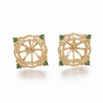 Brass Micro Pave Cubic Zirconia Stud Earring Findings, for Half Drilled Bead, Nickel Free, Square, Real 18K Gold Plated, Sea Green, 12x12mm, Pin: 0.7mm, Pin: 0.7mm(for half drilled beads)