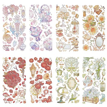 4 Sets 4 Styles PET Vintage Waterproof Plastic Flower Stickers, Self-adhesion Decals for DIY Scrapbooking, Travel Diary Caft, Mixed Color, Pattern: 5.5~75x3~50mm, 2 sheets/set, 1 set/style