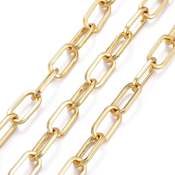 Brass Paperclip Chains, Drawn Elongated Cable Chains, with Spool, Long-Lasting Plated, Unwelded, Real 18K Gold Plated, 10x5x1mm