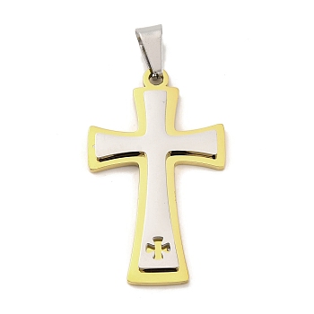 PVD Vacuum Plating 304 Stainless Steel Pendants, Cross Charm, Religion, Golden & Stainless Steel Color, 42x25x3.5mm, Hole: 4.6x7.8mm