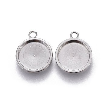 304 Stainless Steel Pendant Cabochons Settings, Flat Round, Stainless Steel Color, 14.6x12x2mm, Hole: 1.6mm, Tray: 10mm