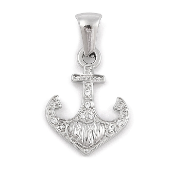 304 Stainless Steel Micro Pave Cubic Zirconia Pendants, Anchor Charm, Stainless Steel Color, 18.5x14x3mm, Hole: 3x6mm