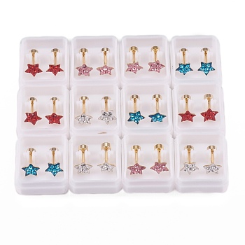 304 Stainless Steel Earlobe Plugs, Screw Back Earrings, with Polymer Clay Rhinestone, Star, Golden, Mixed Color, 11mm, Pin: 1mm