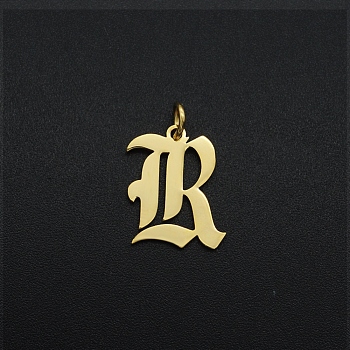 201 Stainless Steel Pendants, with Jump Ring, Old English, Letter, Laser Cut, Golden, Letter.R, 16x13x1mm, Hole: 3mm