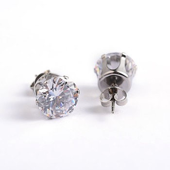 Flat Round 304 Stainless Steel Cubic Zirconia Stud Earrings, Clear, 4mm, Pin: 0.9mm