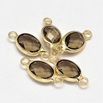 Oval Faceted Golden Brass Glass Links connectors, Dark Khaki, 15x7x3.2mm, Hole: 1mm