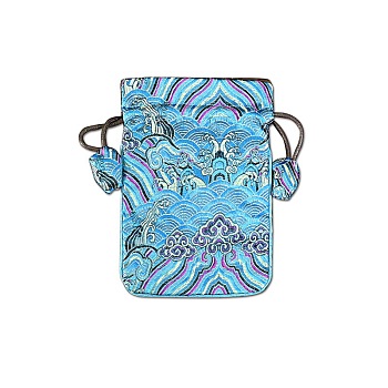 Chinese Style Cloth Landscape Print Bags, Drawstring Pouches for Jewelry Storage, Rectangle, Light Sky Blue, 15x10cm