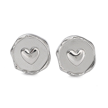 Ion Plating(IP) 304 Stainless Steel Flat Round with Heart Ear Studs for Women, Stainless Steel Color, 13x12.5mm