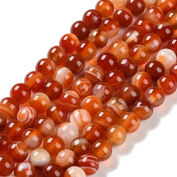 Natural Striped Agate/Banded Agate Beads Strands, Dyed, Round, Coral, 6mm, Hole: 0.8mm, about 32pcs/strand, 7.60''(19.3cm)