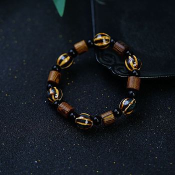 Watermelon Handmade Porcelain & Wood Beaded Stretch Bracelets for Men, Coconut Brown, Inner Diameter: 2-3/8 inch(6cm)