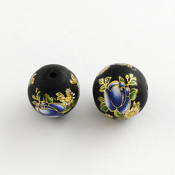 Flower Picture Frosted Glass Round Beads, with Gold Metal Enlaced, Dark Blue, 14x13mm, Hole: 1.5mm