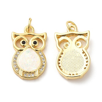Rack Plating Brass Micro Pave Clear Cubic Zirconia Pendants, with Resin Imitation Opal, Cadmium Free & Lead Free, Long-Lasting Plated, Owl, Real 18K Gold Plated, 20.5x13x3.5mm, Hole: 3.4mm
