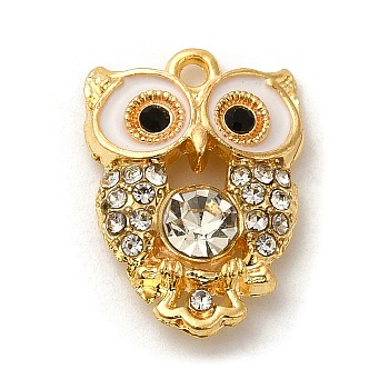 Alloy Pendant, with Glass Rhinestone, Owl Charm, Golden, 21x15x4.5mm, Hole: 1.6mm