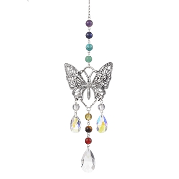 Alloy Hollow Butterfly Pendant Decoration, Round Chakra Gemstone and Glass Teardrop Tassel for Home Garden Outdoor Hanging Ornaments, Antique Silver, 296mm