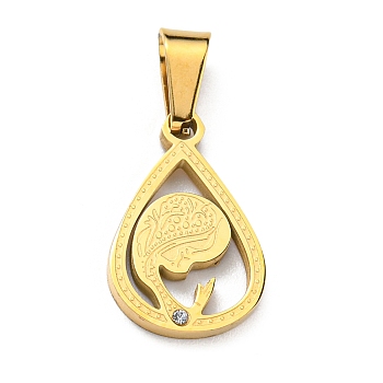 Vacuum Plating 304 Stainless Steel Pendants, with Rhinestone, Teardrop with Human Charm, Golden, 18x12x2mm, Hole: 7x3mm