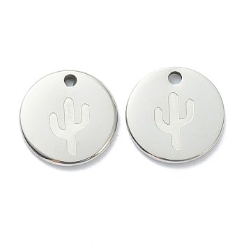 304 Stainless Steel Charms, Flat Round with Cactus, Stainless Steel Color, 11.5x1mm, Hole: 1.5mm