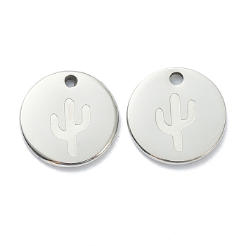 Non-Tarnish 304 Stainless Steel Charms, Flat Round with Cactus, Stainless Steel Color, 11.5x1mm, Hole: 1.5mm