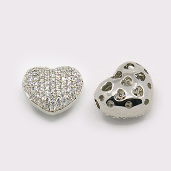 Hollow Heart Brass Cubic Zirconia Beads, Platinum, 12x13.5x8mm, Hole: 1mm
