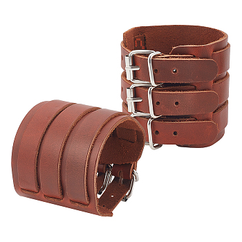 Adjustable Cowhide Cuff Cord Bracelet, Wrist Guard Gauntlet Wristband with Alloy Buckles, Saddle Brown, 10-3/4 inch(27.4cm)