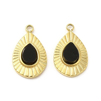 Natural Black Onyx(Dyed & Heated) Teardrop Charms, with Vacuum Plating Real 18K Gold Plated 201 Stainless Steel Findings, 13x9x2.5mm, Hole: 1.2mm