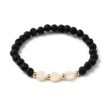 Stretch Beaded Bracelets, with Heart Natural Trochid Shell Beads, Round Natural Lava Rock Beads and Golden Plated Brass Beads, Inner Diameter: 2-1/8 inch(5.5cm)