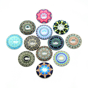 Printed Glass Flat Back Cabochons, Dome/Half Round, Geometric Flower Theme, Mixed Color, 25x6.5mm