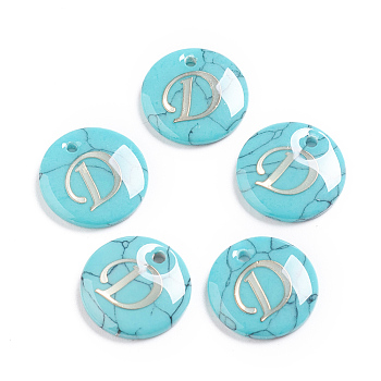 Synthetic Turquoise Charms, with Plastic Letter, Flat Round, Letter.D, 15x2mm, Hole: 1.5mm