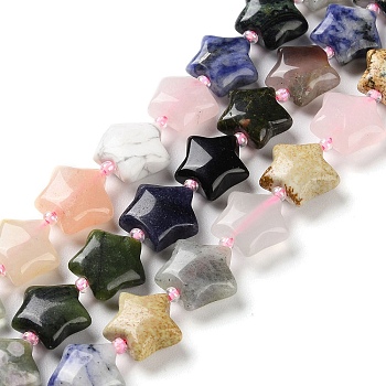 Natural & Synthetic Mixed Gemstone Beads Strands, with Seed Beads, Star, 14~15.5x15~16x6.5~7mm, Hole: 1mm, about 24~25pcs/strand, 15.55''~15.95''(39.5~40.5cm)