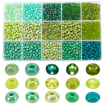 1800Pcs 15 Colors Glass Round Seed Beads, Opaque & Baking Paint & Ceylon & Frosted & Transparent & Silver Lined, Green, 4~5x3~4mm, Hole: 1~2mm, about 120Pcs/color