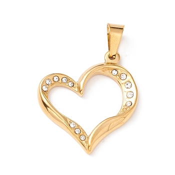 304 Stainless Steel Pendant,  Rhinestone, Heart, Golden, 32x29x3.5mm, Hole: 9x4.5mm