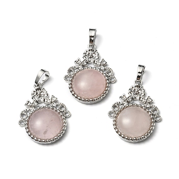 Natural Rose Quartz Pendants, with Rack Plating Brass Findings, Cadmium Free & Lead Free, Flat Round & Flower, 34~34.5x25.5~26x8.5~9mm, Hole: 8x5.5mm