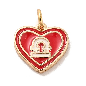 Real 18K Gold Plated Brass Enamel Pendants, with Jump Ring, Heart with Constellation Charm, Libra, 12x13x1.5mm, Hole: 3.4mm