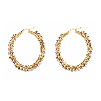 304 Stainless Steel Beaded Hoop Earrings, Hypoallergenic Earrings, with Brass Round Beads, Multi-color, 46mm, Pin: 1x0.7mm