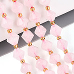 Natural Rose Quartz Beads Strands, Bicone, Faceted, with Seed Beads, 8~8.5x7.5~8.5mm, Hole: 1~1.2mm, about 36~39pcs/strand, 14.37~15.75''(36.5~40cm)(G-T144-23A-05)