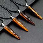 Natural Tiger Eye Bullet Shaped Pendant Black PU Leather Vintage Punk Style Hip Hop Necklaces for Men, 19.69 inch(50cm)(QC5862)