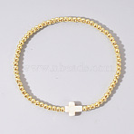 Cross Synthetic Turquoise & Round Brass Beaded Stretch Bracelets, White, Inner Diameter: 6.89 inch(17.5cm)(VG5379-8)