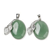 Natural Green Aventurine Pendants, Platinum Plated Alloy Oval Charms with Leaf, 45x31x12.5mm, Hole: 10x5mm(G-Z050-05C)