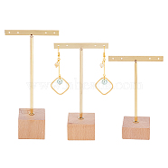 Iron Earring Display Stands, with Wooden Base, Square, Golden, 7.5x4x11.85cm, 3pcs/set(EDIS-WH0011-05)