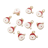 Real 18K Gold Plated Brass Enamel Charms, with Jump Ring, for Christmas, Santa Claus, Red, 14x14x1.5mm, Hole: 3.4mm(KK-A154-10G)