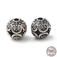 925 Sterling Silver Beads, Hollow Round with Flower, Antique Silver, 7.5mm, Hole: 1.6mm(STER-M113-20AS)
