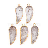 Natural Quartz Crystal Pendants, Rock Crystal Pendants, with Light Gold Plated Iron Loop, Wing, 33~33.5x12~13x5~6mm, Hole: 1.8mm(G-N326-127-A02)