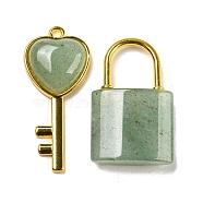 Natural Green Aventurine Pendants, Heart Key & Lock Charms with Golden Plated Alloy Findings, 32.5~38x20~17x6~7mm, Hole: 1.8~2mm, 2pcs/set(G-H308-07G-04)
