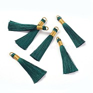 Nylon Tassel Big Pendants, with Iron Findings, Golden, Teal, 80x8.5mm, Hole: 5x6.5mm(FIND-F008-E11)