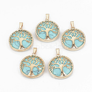 Synthetic Turquoise Pendants, with Brass Findings, Flat Round with Tree of Life, Dyed, Golden, 30.5x27x8mm, Hole: 7x3mm(G-S292-10B-G)