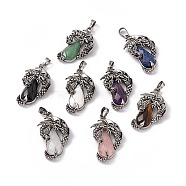 Natural & Synthetic Mixed Gemstone Pendants, Faceted Teardrop Charms with Rack Plating Antique Silver Tone Brass Dragon, Cadmium Free & Lead Free, 39x23x8.5mm, Hole: 8x5mm(G-H281-06)