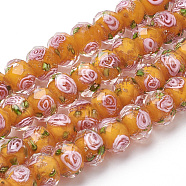 Handmade Gold Sand Lampwork Beads Strands, Inner Flower, Faceted Rondelle, Dark Orange, 8x6mm, Hole: 2mm, about 70pcs/strand, 17.3 inch(LAMP-R141-8mm-07)