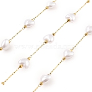Ion Plating(IP) 304 Stainless Steel Paperclip Chains, Soldered, with ABS Imitation Pearl Beads, Real 18K Gold Plated, Real 18K Gold Plated, 7.5x8x5mm, about 16.40 Feet(5m)/Roll(CHS-P018-04D-G)