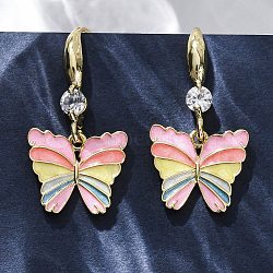 Brass Micro Pave Clear Cubic Zirconia Dangle Earrings, with Enamel, Rack Plating, Long-Lasting Plated, Lead Free & Cadmium Free, Butterfly, Real 18K Gold Plated, 32x15mm(EJEW-F362-16G)