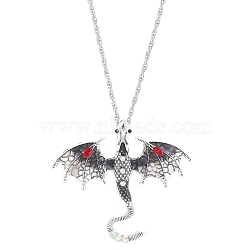 Alloy Enamel Dragon Pendant Necklaces, with Rhinestone, Iron Chain, Antique Silver & Platinum, Black, 24.41 inch(62cm)(NJEW-V005-01AS-02)